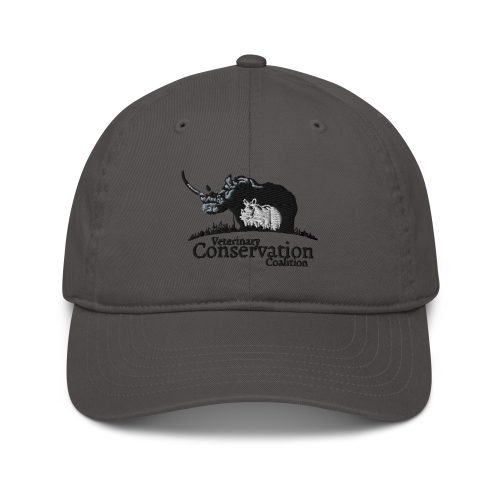 VCC: A charcoal gray Organic baseball hat featuring an embroidered logo of the veterinary conservation coalition with a rhino and elephant design.