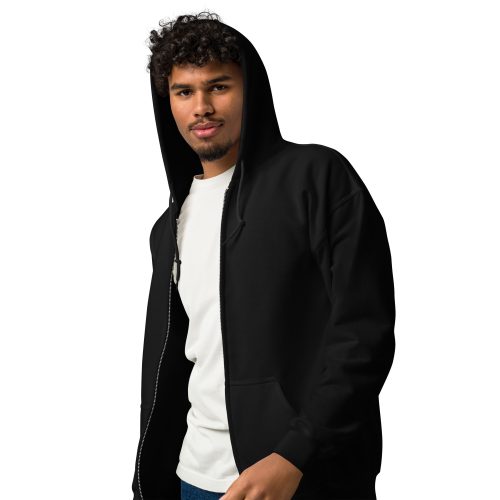 VCC: Young man in a Unisex heavy blend zip hoodie and white t-shirt, looking at the camera with a slight smile, standing against a white background.